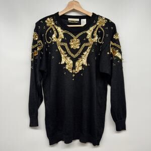 Vintage Dana Scott Beaded Sweater Womens Medium Black Gold Embellished Sequin
